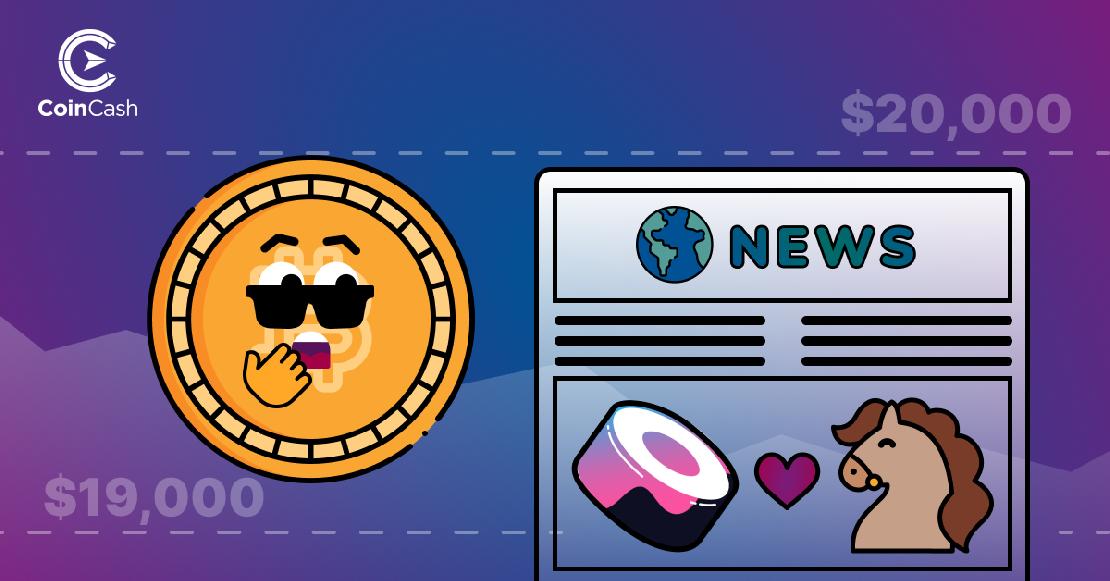 Egy BTC érme meglepődve néz egy újságra, amin egy sushi van egy lóval